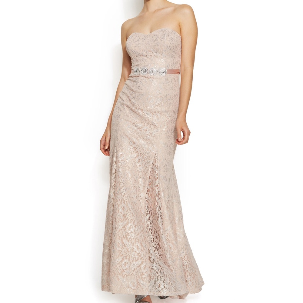 Betsy & Adam Metallic-Lace Mermaid Gown.